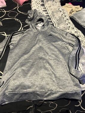 adidas Heather Gray Full-Zip Hooded Jacket with Black Stripe Accents